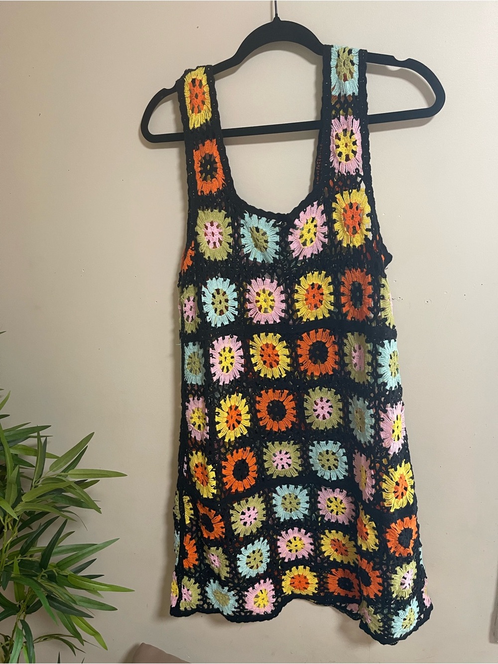 India Boutique Multicolor Crochet Granny Square Tank Top Square Neck One Size